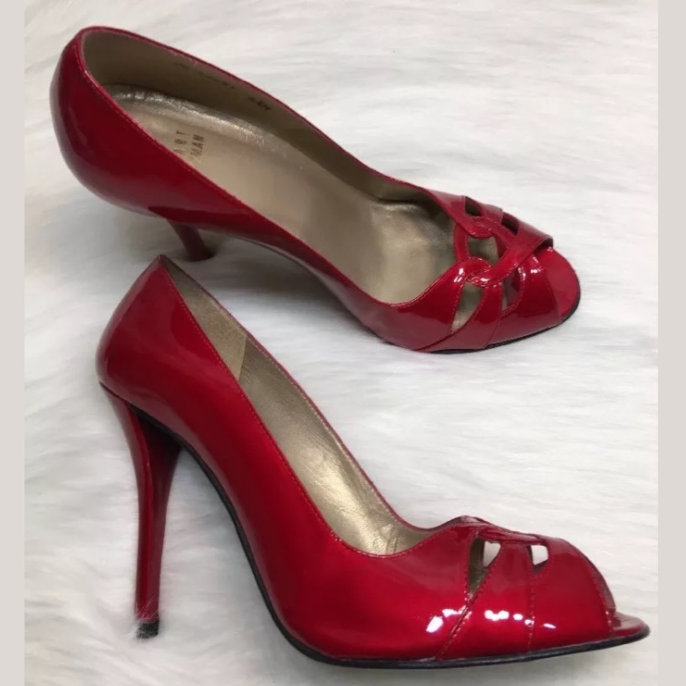 STUART WEITZMAN Red Patent Open Toe Heels